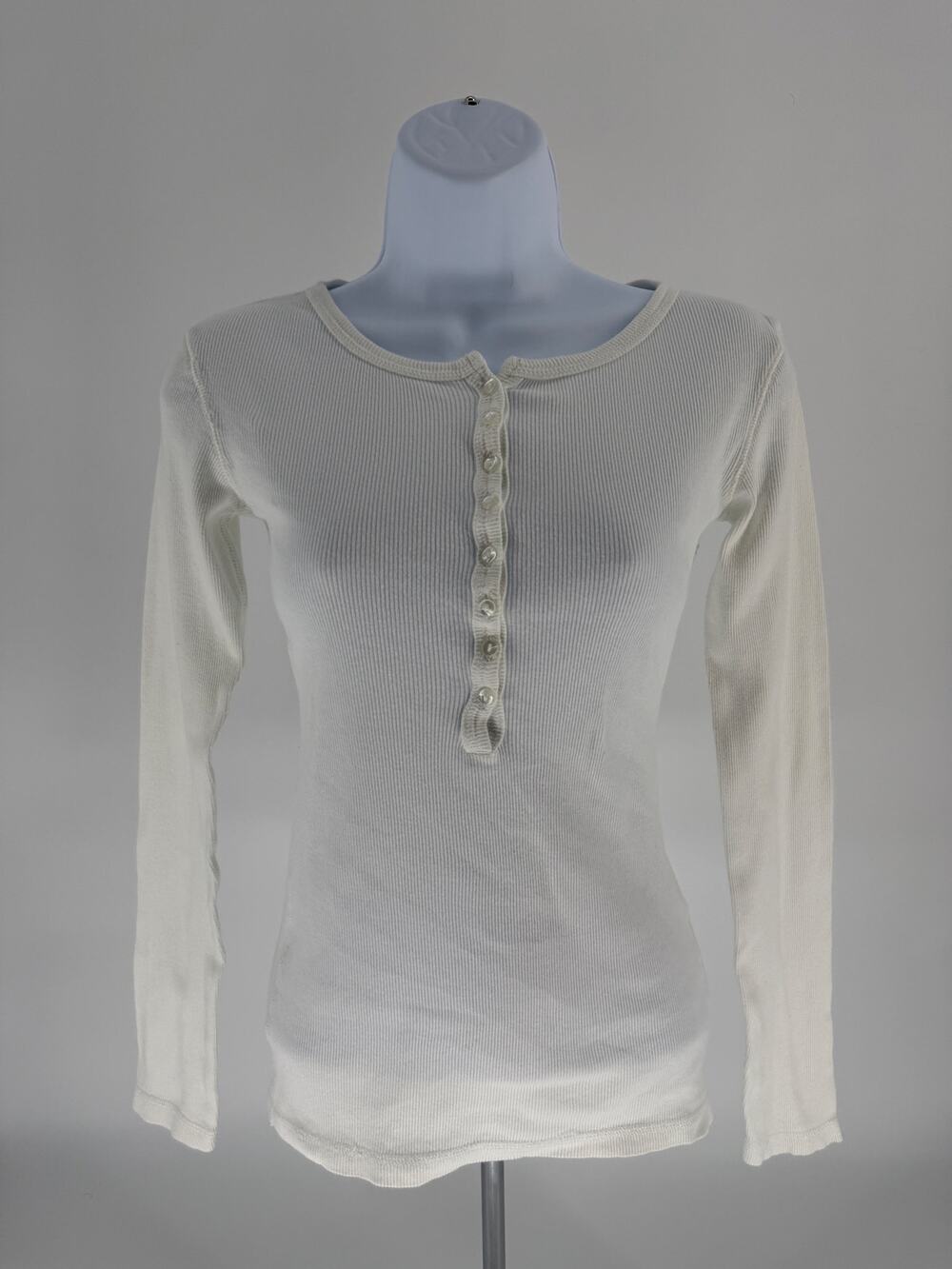 MOST Women’s Small White Ribbed Henley Top 100% Cotton Long Sleeve Stretch